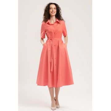 Rochie-camasa midi evazata cu buzunare laterale - Coral