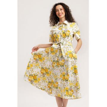 Rochie-camasa midi evazata cu buzunare laterale - Galben/Alb optic