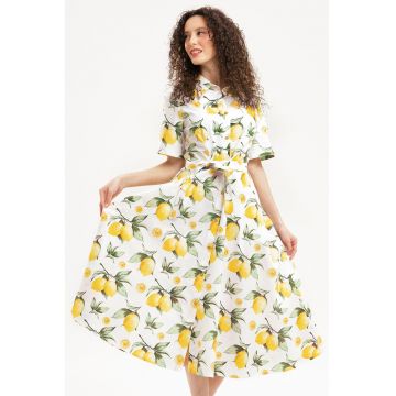 Rochie-camasa midi evazata cu buzunare laterale - Galben pal/Verde pal/Alb optic