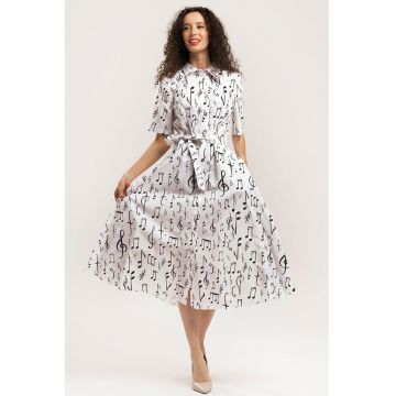 Rochie-camasa midi evazata cu buzunare laterale - Negru stins/Alb optic