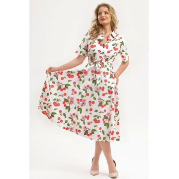 Rochie-camasa midi evazata cu buzunare laterale - Rosu/Alb optic/Verde feriga