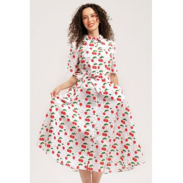 Rochie-camasa midi evazata cu buzunare laterale - Rosu/Verde/Alb optic