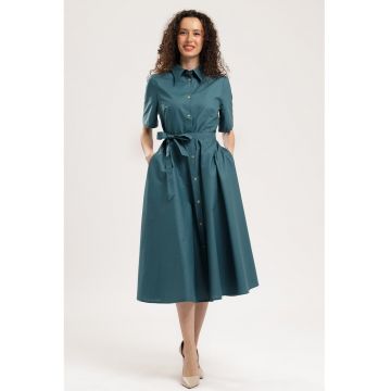 Rochie-camasa midi evazata cu buzunare laterale - Verde englez