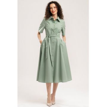 Rochie-camasa midi evazata cu buzunare laterale - Verde pal