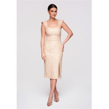 Rochie cocktail midi cu decolteu patrat si detalii din dantela - Crem
