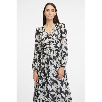 Rochie cu decolteu in V - model floral si maneci lungi - Alb fildes/Negru