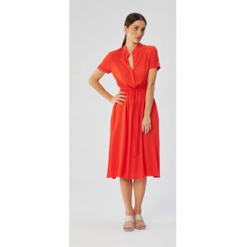 Rochie dama - cu guler inalt si cravata in talie - Poliester - Portocaliu - Coral