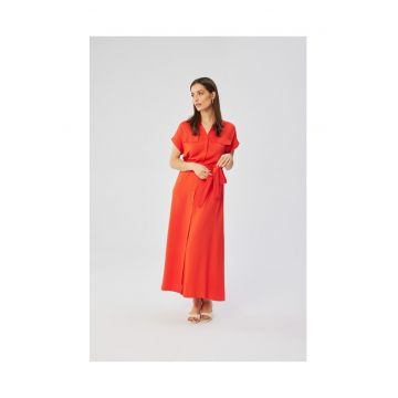 Rochie dama - maxi cu maneci scurte si maneci deschise - Poliester - Negru - Coral