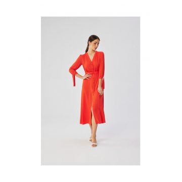 Rochie dama - midi cu mansete legate - Poliester - 54875 - Coral