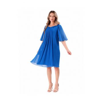Rochie de ocazie din voal uni cu aplicatie - Albastru safir
