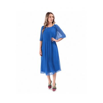 Rochie de ocazie din voal uni cu maneci evazate - Albastru safir