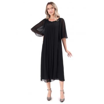 Rochie de ocazie din voal uni cu maneci evazate - Negru