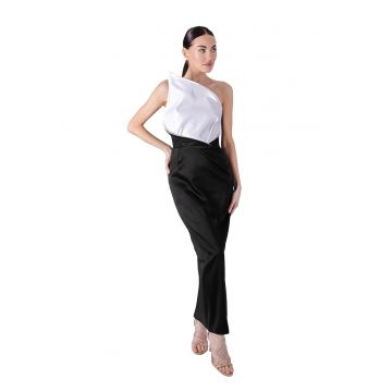 Rochie de satin cu decolteu pe un umar - Alb/Negru