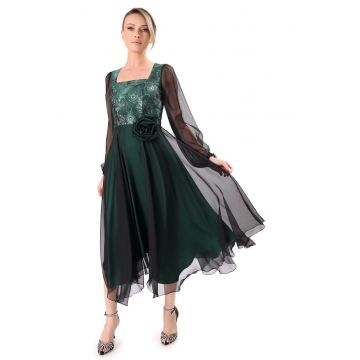 Rochie de seara midi cu bust din brocard cu fir metalic - Verde