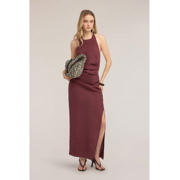 Rochie din amestec de in cu slit lateral si decolteu halter - Violet pruna