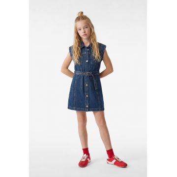 Rochie din denim cu cordon in talie - Albastru petrol
