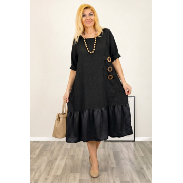 Rochie din in cu volan din matase si nasturi decorativi in laterala, neagra