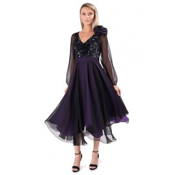 Rochie din voal cu corsaj din paiete multicolore pe suport de catifea - Mov inchis
