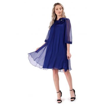 Rochie din voal de matase naturala cu brosa detasabila - Bleumarin