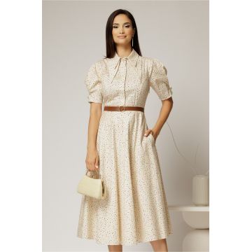 Rochie DY Fashion din poplin bej cu buline cu guler dublu si nasture la guler