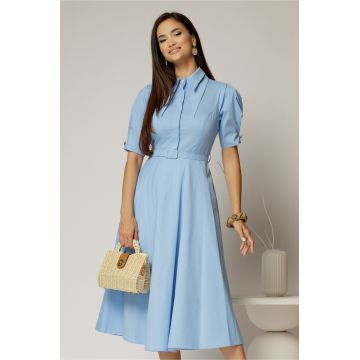 Rochie DY Fashion din poplin bleu cu guler dublu si nasture la guler
