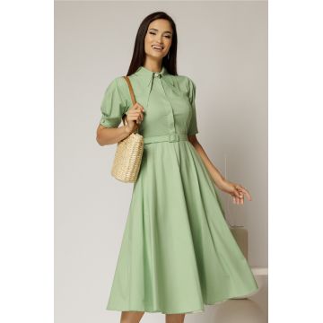 Rochie DY Fashion din poplin verde fistic cu guler dublu si nasture la guler