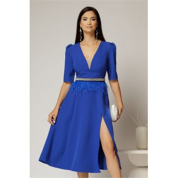 Rochie DY Fashion midi albastra cu cordon cu pene si perle in talie