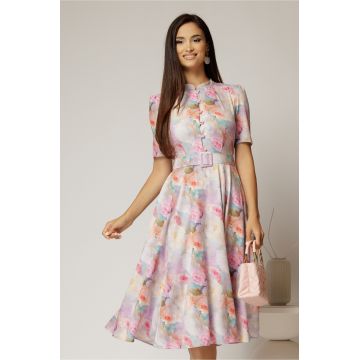 Rochie DY Fashion midi cu imprimeu lila in clos din triplu voal cu nasturi la bust si curea in talie