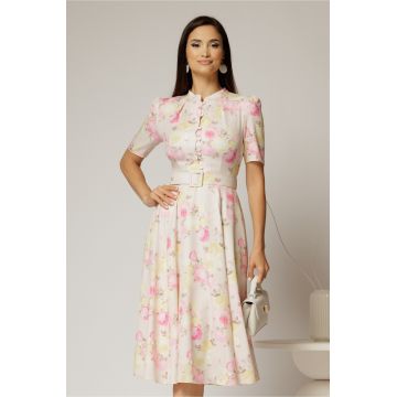 Rochie DY Fashion midi cu imprimeu roz in clos din triplu voal cu nasturi la bust si curea in talie