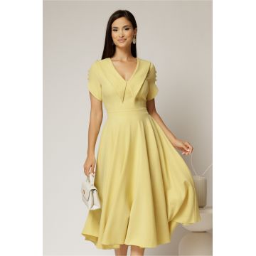 Rochie DY Fashion midi galbena cu guler ascutit si maneci scurte cu nasturi