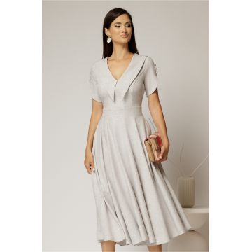 Rochie DY Fashion midi gri cu guler ascutit si maneci scurte cu nasturi