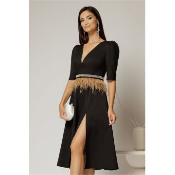 Rochie DY Fashion midi neagra cu cordon cu pene si perle in talie