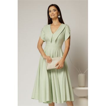 Rochie DY Fashion midi verde fistic cu guler ascutit si maneci scurte cu nasturi