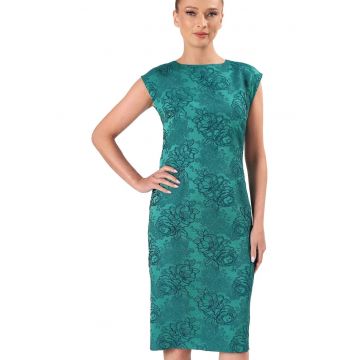 Rochie eleganta din brocart elastic cu motive florale - Turcoaz