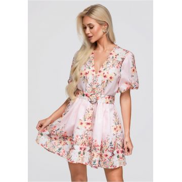 Rochie eleganta mini cu decolteu V si maneci bufante - flared OW-DLR-E0017 - Roz - S/M