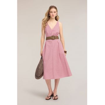 Rochie evazata cu buzunare laterale - Rosu/Alb