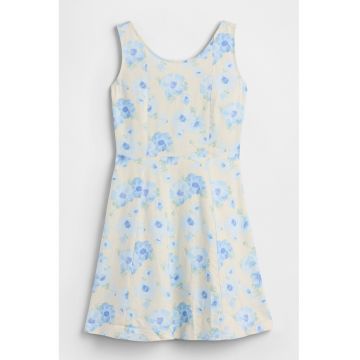 Rochie evazata din amestec de in cu model floral - Albastru pastel/Alb fildes/Galben