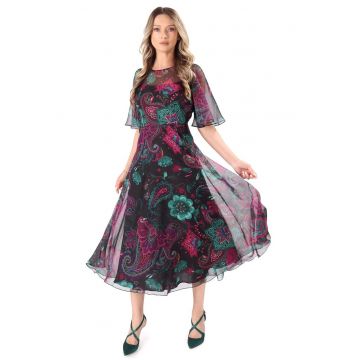 Rochie fluture din voal imprimat digital cu motive florale - Mov
