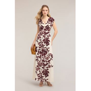 Rochie lunga cu decolteu in V si model floral - Alb fildes - Violet pruna -