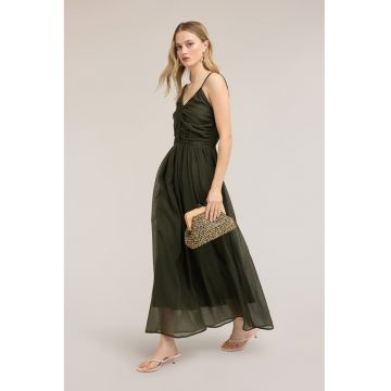 Rochie lunga cu decolteu in V - Verde masliniu inchis