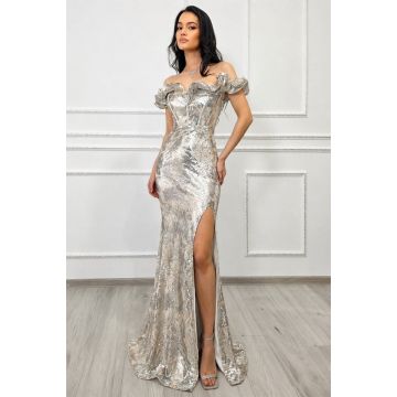 Rochie lunga de seara Velary, cu paiete si volane, ARGINTIU