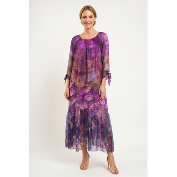Rochie lunga din matase si vascoza, cu imprimeu floral artistic, mov