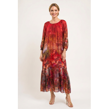 Rochie lunga din matase si vascoza, cu imprimeu floral artistic, rosie
