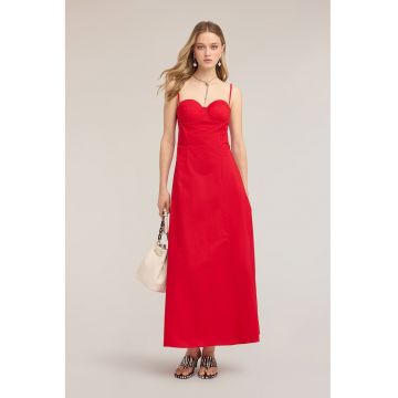 Rochie lunga din poplin cu croiala in A - Rosu vermillion -