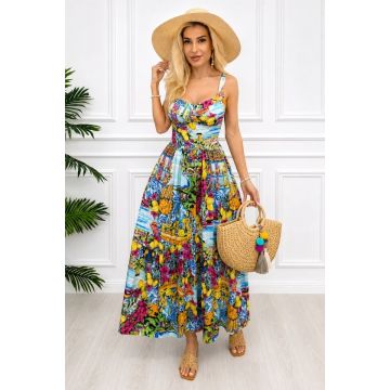 Rochie lunga in clos MELANIA, cupe buretate si imprimeu floral, ALBASTRU, Marime S/M/L
