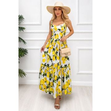 Rochie lunga in clos MELANIA, cupe buretate si imprimeu fructat, Galben, Marime S/M/L