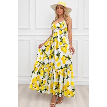 Rochie lunga in clos MELANIA, cupe buretate si imprimeu fructat, Galben, Marime S/M/L