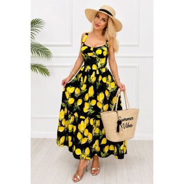 Rochie lunga in clos MELANIA, cupe buretate si imprimeu fructat, Negru, Marime S/M/L