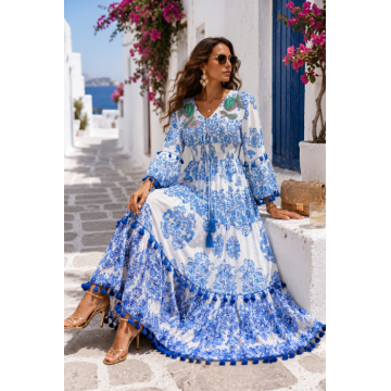 Rochie lunga inspirata de ceramica siciliana si farmecul Mediteranei, albastru