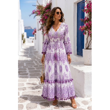 Rochie lunga inspirata de ceramica siciliana si farmecul Mediteranei, mov